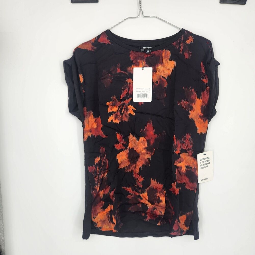 SAINT + SOFIA Size 2 Autumn Floral Turn Up Contrast Tee NWT